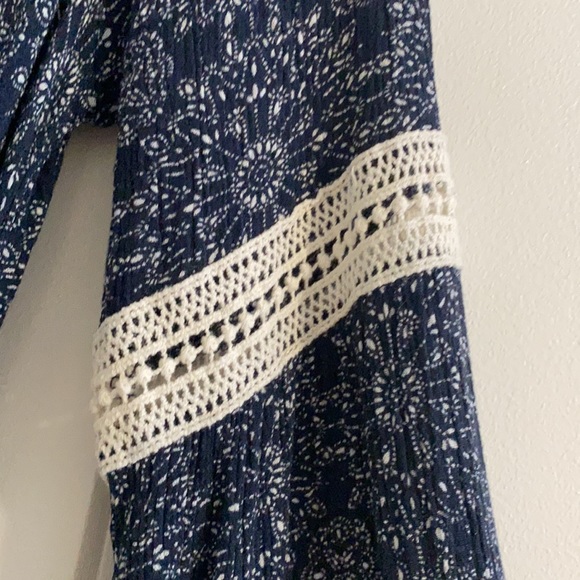 Navy Blue & White Boho Flowy Long Sleeve Romper - Picture 3 of 7